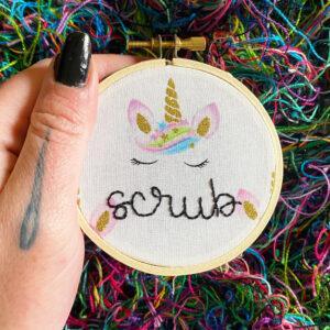 Unpleasant Unicorns Curses in Cursive Scrub 3” Hand Embroidered Hoop Art