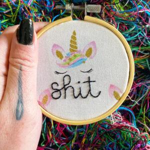 Unpleasant Unicorns Curses in Cursive Shit 3” Hand Embroidered Hoop Art