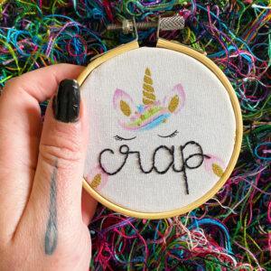 Unpleasant Unicorns Curses in Cursive Crap 3” Hand Embroidered Hoop Art