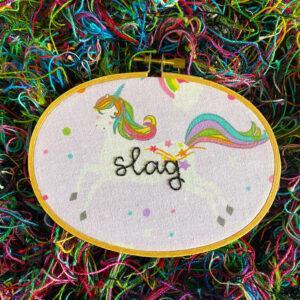 Unpleasant Unicorns Curses in Cursive Slag 3x5” Hand Embroidered Hoop Art