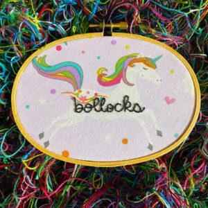 Unpleasant Unicorns Curses in Cursive Bollocks 3x5” Hand Embroidered Hoop Art