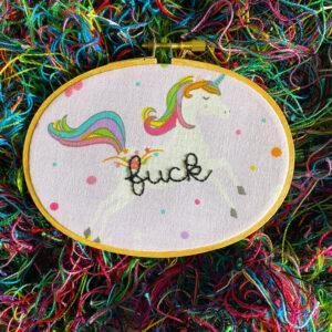 Unpleasant Unicorns Curses in Cursive F Bomb 3x5” Hand Embroidered Hoop Art