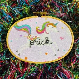 Unpleasant Unicorns Curses in Cursive Prick 3x5” Hand Embroidered Hoop Art