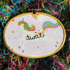 Unpleasant Unicorns Curses in Cursive Twat 3x5” Hand Embroidered Hoop Art