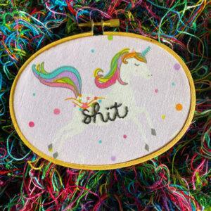 Unpleasant Unicorns Curses in Cursive Shit 3x5” Hand Embroidered Hoop Art