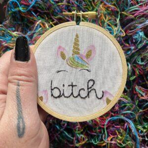 Unpleasant Unicorns Curses in Cursive Bitch 3” Hand Embroidered Hoop Art