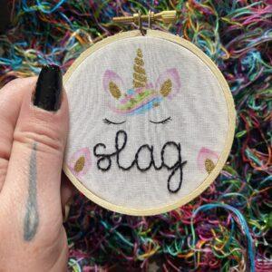 Unpleasant Unicorns Curses in Cursive Slag 3” Hand Embroidered Hoop Art