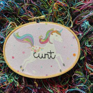 Unpleasant Unicorns Curses in Cursive C U Next Tuesday 3x5” Hand Embroidered Hoop Art