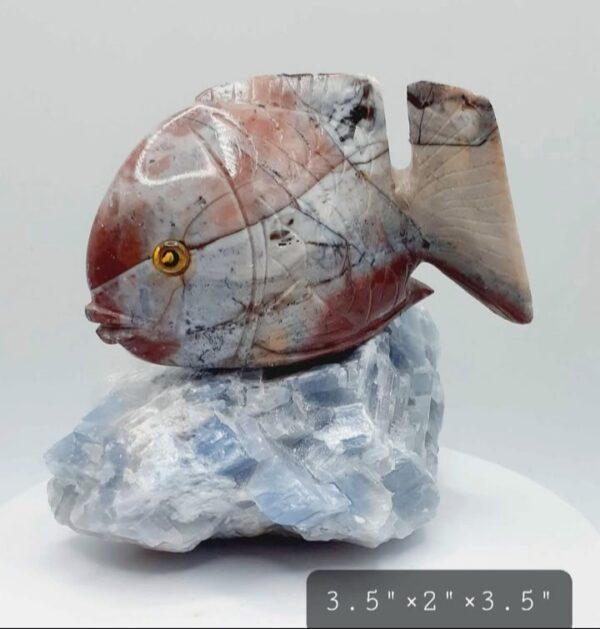 Peruvian Soapstone Piranha Fish On Blue Calcite (U.V.) Stone