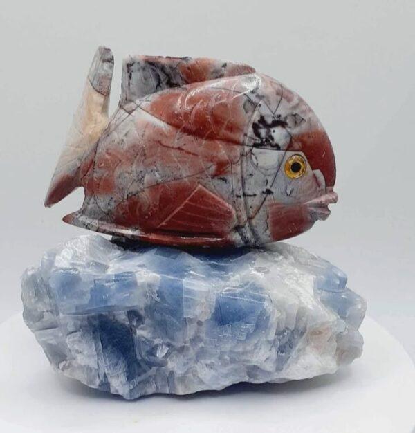 Peruvian Soapstone Piranha Fish On Blue Calcite (U.V.) Stone - Image 5