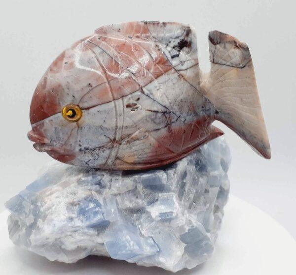 Peruvian Soapstone Piranha Fish On Blue Calcite (U.V.) Stone - Image 3