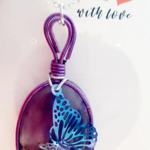 Oval Amethyst Crystal Purple Modern Edge Pendant Necklace with Butterfly