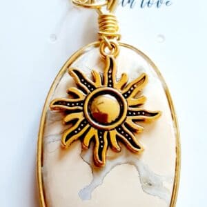 Oval Yellow Cobra Jasper Stone Gold Modern Edge Pendant Necklace with Sun