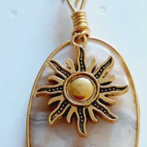 Oval Crazy Lace Agate Stone Gold Modern Edge Pendant Necklace with Sun Charm Accent