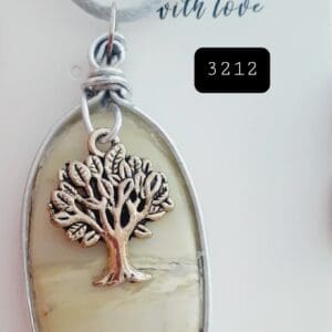 Lemon Chrysoprase Stone Silver Modern Edge Pendant Necklace with Tree Of Life Charm