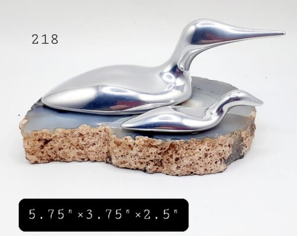 Mother Loon And Loonlet Swimming On Blue Agate Stone Slice