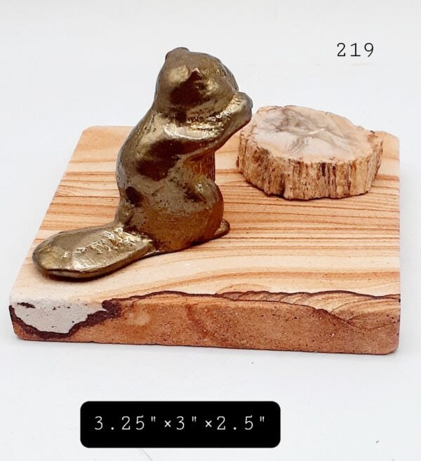 Brass Beaver With Petrified Wood Stone Slice On Sandstone Slab