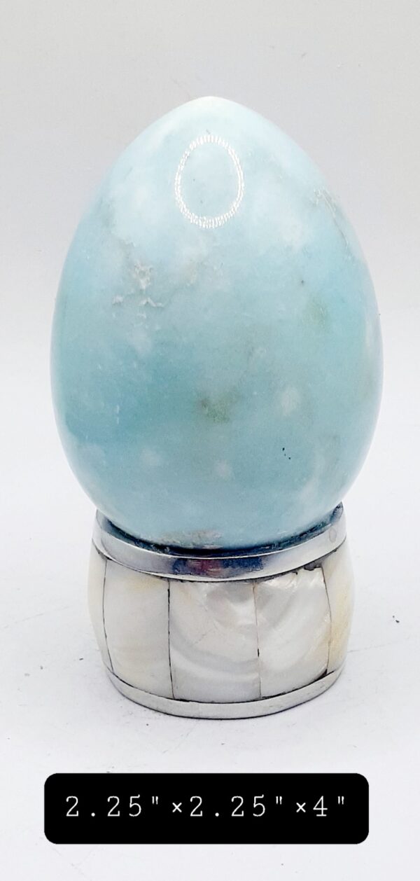 Blue Alabaster Stone Egg On Mother Of Pearl Stand