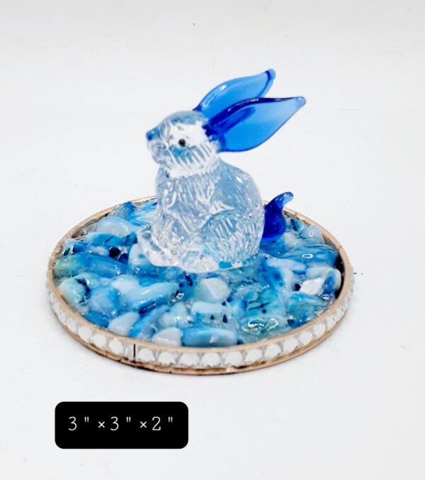Blue Earred Glass Rabbit On Dyed Blue Agate Stones in Blingy Ring