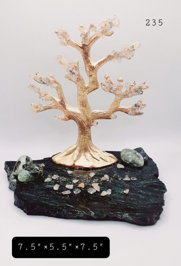 Brass Tree Of Life w/Gold Rutile in Quartz/Pyrite Stone w/Prehnite On Green Granite Stone