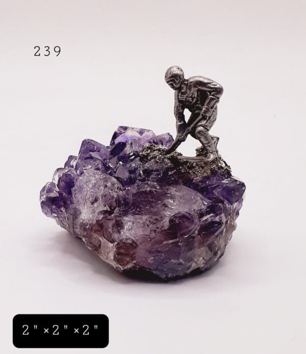 Pewter Hockey Player On Pyrite/Amethyst Crystal
