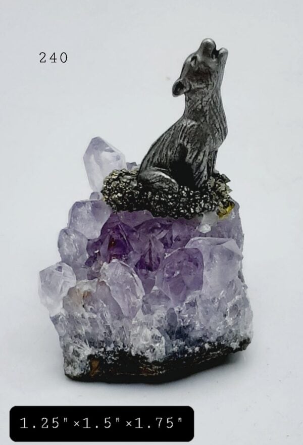 Pewter Howling Wolf with Pyrite Stone On Amethyst Crystal