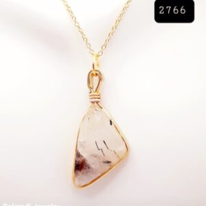 Triangle Rutilated Black Tourmaline In Quartz Crystal Gold Modern Edge Pendant Necklace