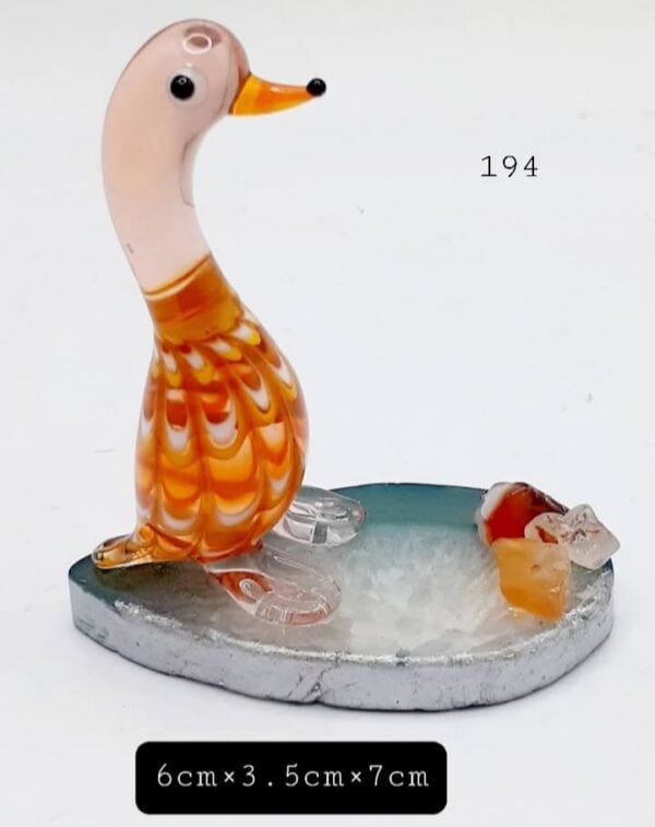 Orange Glass Duck On Green Agate Stone Slice With Citrine and Carnelian Crystal Accents