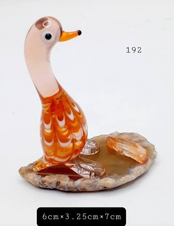 Orange Glass Duck On Dyed Yellow Agate Stone Slice With Orange Citrine Crystal