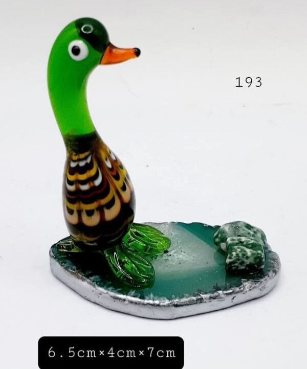 Green Glass Duck On Dyed Green Agate Stone Slice With Tree Agate Stone Accents