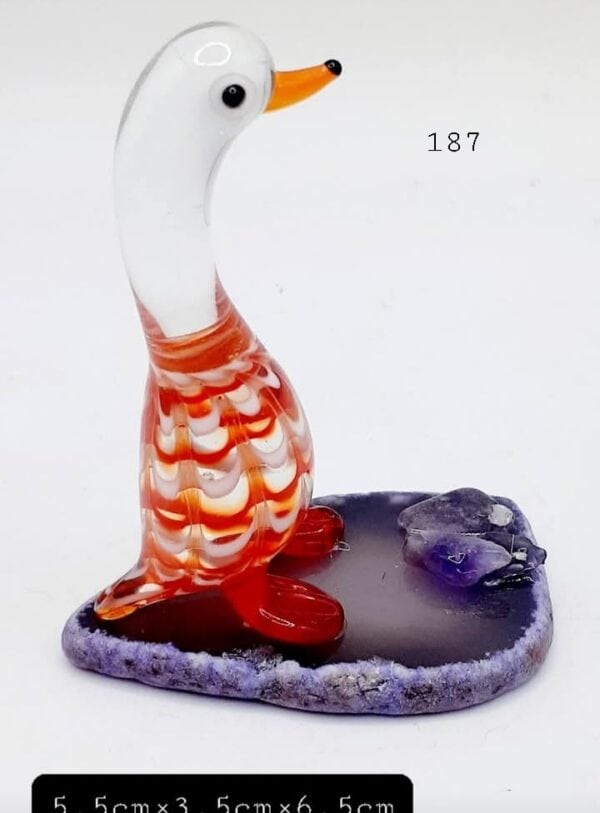 Glass Orange Duck On Dyed Purple Agate Stone Slice With Amethyst