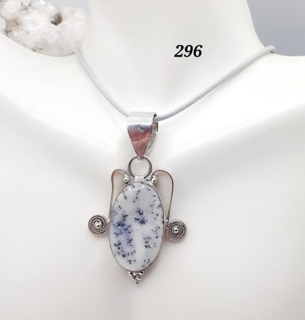 Dendritic White Opal Stone Sterling Silver Setting Pendant Necklace