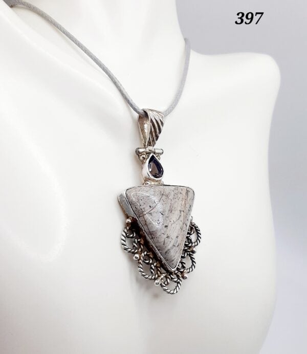Picture Jasper Stone w/Smokey Quartz Gemstone Sterling Silver Setting Pendant Necklace