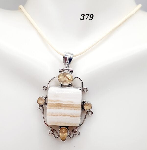 Banded Calcite Stone w/Citrine Gemstones Sterling Silver Setting Pendant Necklace