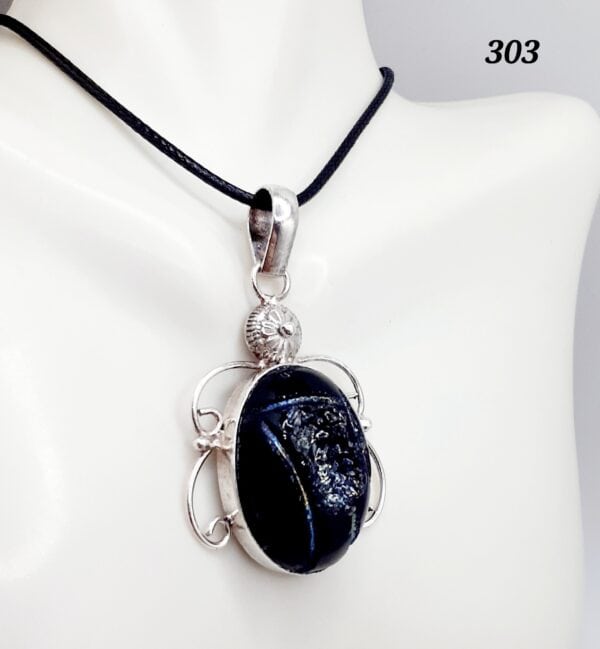 Druzy Black Agate Stone Titanium Dipped Sterling Silver Setting Pendant Necklace