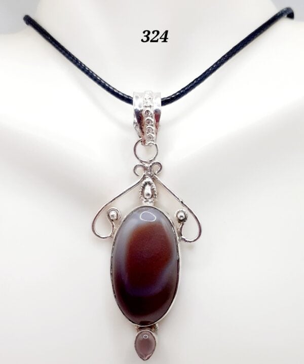 Botswana Agate Stone w/Amethyst Gemstone Sterling Silver Setting Pendant Necklace