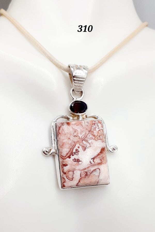 Mexican Crazy Lace Agate Stone w/Rd Garnet Gemstone Sterling Silver Setting Pendant Necklace