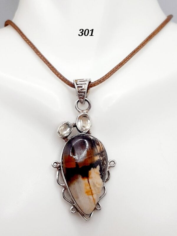 Peanut Wood Jasper Stone w/Citrine Gemstones Sterling Silver Setting Pendant Necklace