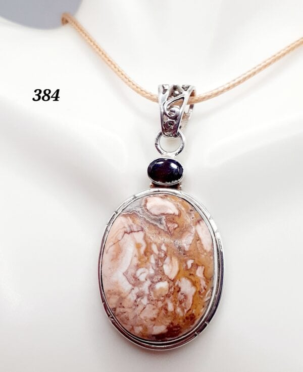 Rosetta Jasper Stone w/Red Garnet Gemstone Sterling Silver Setting Pendant Necklace