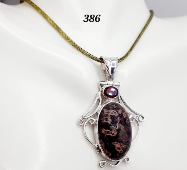 Leopard Skin Jasper Stone w/Red Garnet Gemstone Sterling Silver Setting Pendant Necklace