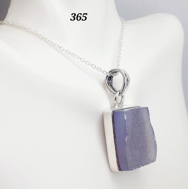 Druzy Lilac Chalcedony Stone Sterling Silver Setting Pendant Necklace