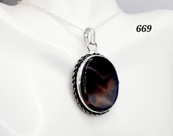 Translucent Black/Brown Agate Stone Sterling Silver Setting Pendant Necklace
