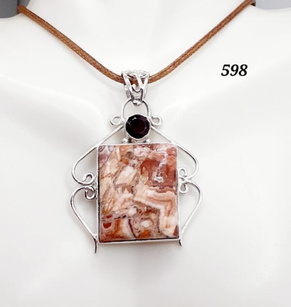 Laguna Agate Stone w/Red Garnet Gemstone Sterling Silver Setting Pendant Necklace