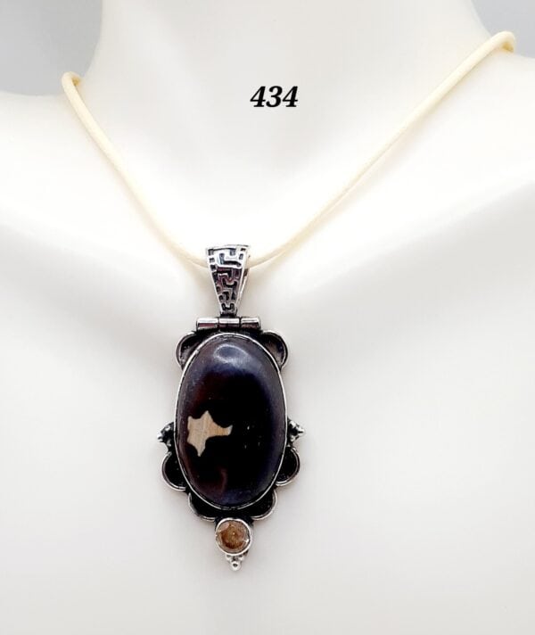 Peanut Wood Jasper Stone w/Citrine Gemstone Sterling Silver Setting Pendant Necklace terl