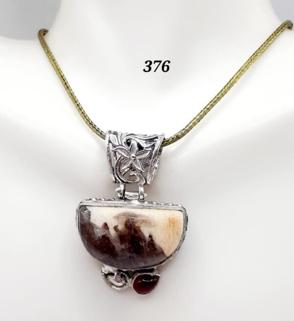 Imperial Jasper Stone w/Red Garnet Gemstone Sterling Silver Setting Pendant Necklace