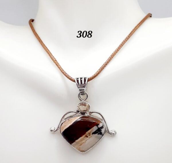 Peanut Wood Jasper Stone w/Citrine Gemstone Sterling Silver Setting Pendant Necklace