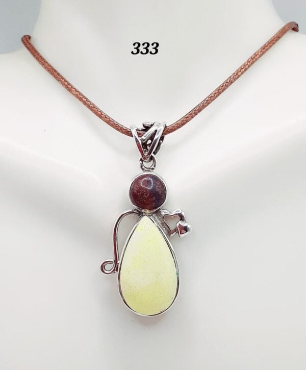 Lemon Chrysoprase Stone w/Red Garnet Stone Sterling Silver Setting Pendant Necklace