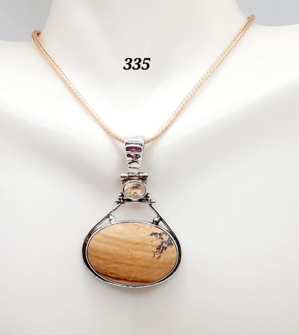 Dendritic Picture Jasper Stone w/Citrine Gemstone Sterling Silver Setting Pendant Necklace