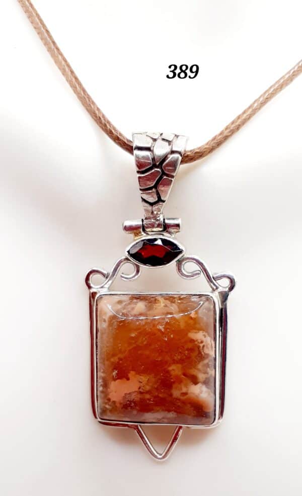 Flower Agate Stone w/Red Garnet Gemstone Sterling Silver Setting Pendant Necklace