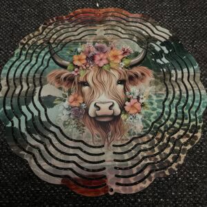 Rustic Highland Cow with flowers Wind Spinner